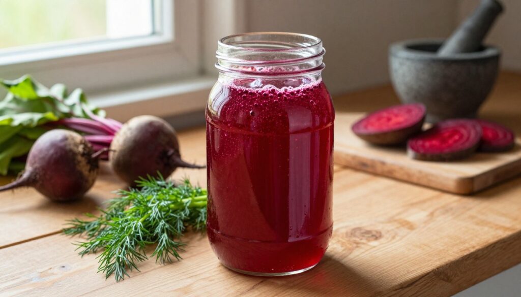 A rustic kitchen scene focused on a jar of vibrant, crimson beet kvass, filled to the brim with bubbling, fermented liquid. The jar is placed on a wooden countertop, surrounded by fresh, whole beets and sprigs of fresh dill, adding a touch of green. Sunlight filters through a nearby window, casting soft, warm hues over the scene, highlighting the rich color of the kvass. In the background, a cutting board with sliced beets and a mortar and pestle suggest preparation. The ambiance is inviting and homey, evoking a sense of tradition and comfort. The image should be captured from a slightly elevated angle, emphasizing the contents of the jar while ensuring the rustic kitchen elements contribute to the overall mood.