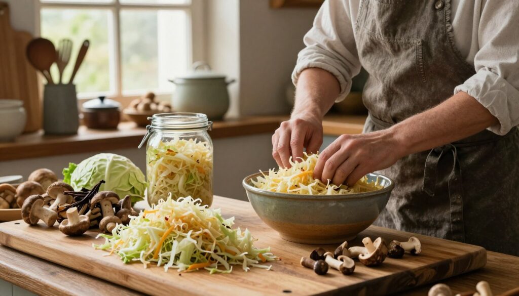 A rustic kitchen scene focusing on the preparation of sauerkraut, featuring a wooden cutting board piled high with freshly chopped cabbage and an assortment of wild mushrooms. In the foreground, a skilled home cook, dressed in modest casual clothing, is actively mixing the cabbage and mushrooms in a large ceramic bowl, with a satisfied expression. A traditional glass jar is positioned nearby, ready to be filled with the mixture. In the background, sunlit window panes illuminate an array of cooking utensils and ingredients, enhancing the warm and inviting atmosphere. The lighting is soft and natural, creating a cozy feel, and the angle captures both the action and the vibrant textures of the ingredients, emphasizing a connection to culinary heritage and tradition.
