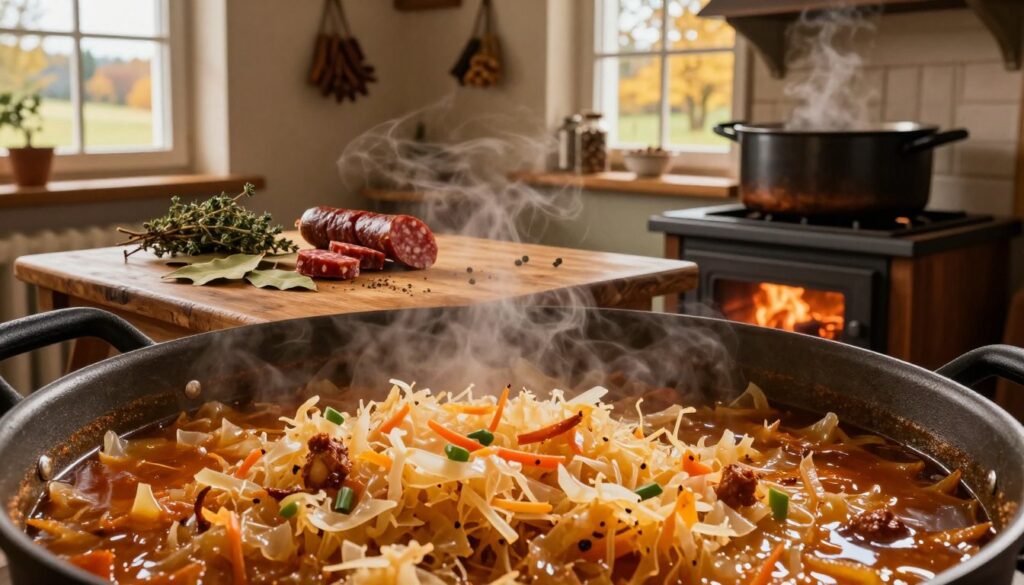 A rustic kitchen scene showcasing a pot of bigos simmering on a traditional wooden stove. In the foreground, a close-up view of vibrant, finely chopped sauerkraut peeking out from the rich, savory stew, glistening with steam in the warm light. In the middle, an earthy wooden table laden with fresh ingredients like bay leaves, thyme, and sliced sausage, enhancing the deep, inviting aroma. The background features a softly lit wall with hanging spices and a window showing a glimpse of an autumn landscape, underscoring the warmth of a cozy, inviting atmosphere. Soft, natural lighting streams through, casting a golden hue that enhances the comforting, homey feel of the scene.