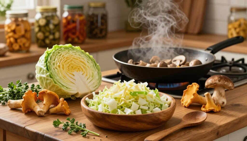 A rustic kitchen scene showcasing a wooden table brimming with a vibrant arrangement of sour cabbage and an assortment of mushrooms, like chanterelles and porcini. In the foreground, a wooden bowl filled with finely chopped, glistening cabbage is surrounded by scattered fresh herbs and a wooden spoon. In the middle ground, there's a skillet sizzling over a stove, with mushrooms being sautéed, releasing a fragrant steam. The background features shelves stocked with mason jars of pickled vegetables and spices, illuminated by warm, soft lighting that enhances the cozy atmosphere. The mood is inviting and nostalgic, evoking a sense of tradition and home-cooked meals during the holidays, shot from a slightly elevated angle to capture the depth of the scene. A rustic kitchen scene showcasing a wooden table brimming with a vibrant arrangement of sour cabbage and an assortment of mushrooms, like chanterelles and porcini. In the foreground, a wooden bowl filled with finely chopped, glistening cabbage is surrounded by scattered fresh herbs and a wooden spoon. In the middle ground, there's a skillet sizzling over a stove, with mushrooms being sautéed, releasing a fragrant steam. The background features shelves stocked with mason jars of pickled vegetables and spices, illuminated by warm, soft lighting that enhances the cozy atmosphere. The mood is inviting and nostalgic, evoking a sense of tradition and home-cooked meals during the holidays, shot from a slightly elevated angle to capture the depth of the scene.