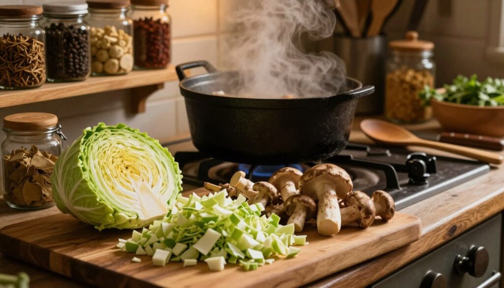 A rustic kitchen scene showcasing the preparation of cabbage and forest mushrooms for a traditional dish. In the foreground, a wooden cutting board filled with finely chopped green cabbage and a variety of fresh, earthy wild mushrooms. The middle layer features a large, cast-iron pot simmering on the stove, with steam gently rising, and a few utensils scattered around, like a wooden spoon and a knife. The background reveals cozy shelves lined with jars of spices and cooking ingredients, illuminated by warm, soft lighting that creates an inviting atmosphere. The camera angle is slightly above eye level, capturing the essence of home cooking. The mood is warm, inviting, and filled with the aroma of fresh ingredients.
