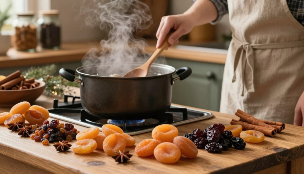 A rustic kitchen scene showcasing the preparation of dried fruit for traditional kompot. In the foreground, a wooden table holds a variety of dried fruits like apricots, raisins, and prunes, artfully arranged with sprigs of cinnamon and star anise for added texture. In the middle ground, a pot of water simmers on the stove, steam rising gently. You can see a hand stirring the pot with a wooden spoon, the person dressed in a modest apron, contributing to the homely atmosphere. The background features shelves filled with spices and jars, softly lit by warm, inviting lighting, creating a cozy and festive mood suitable for the holiday season. The angle captures both the ingredients and the cooking process, evoking a sense of tradition and warmth.