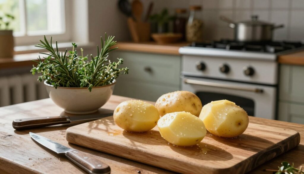 A rustic kitchen scene showcasing the preparation of potatoes before cooking. In the foreground, a wooden cutting board is adorned with freshly washed, unpeeled potatoes, glistening with water droplets. A sharp knife and a peeler lie nearby, hinting at the upcoming tasks. In the middle, a bowl filled with various herbs like rosemary and thyme sits, adding a touch of color and freshness. Soft, natural light streams in through a window, casting gentle shadows across the scene, creating a warm and inviting atmosphere. The background features an antique stove and shelves lined with cooking utensils and spices, evoking a sense of tradition and homeliness. Overall, the mood is cozy and focused, emphasizing the meticulous art of food preparation. A rustic kitchen scene showcasing the preparation of potatoes before cooking. In the foreground, a wooden cutting board is adorned with freshly washed, unpeeled potatoes, glistening with water droplets. A sharp knife and a peeler lie nearby, hinting at the upcoming tasks. In the middle, a bowl filled with various herbs like rosemary and thyme sits, adding a touch of color and freshness. Soft, natural light streams in through a window, casting gentle shadows across the scene, creating a warm and inviting atmosphere. The background features an antique stove and shelves lined with cooking utensils and spices, evoking a sense of tradition and homeliness. Overall, the mood is cozy and focused, emphasizing the meticulous art of food preparation.