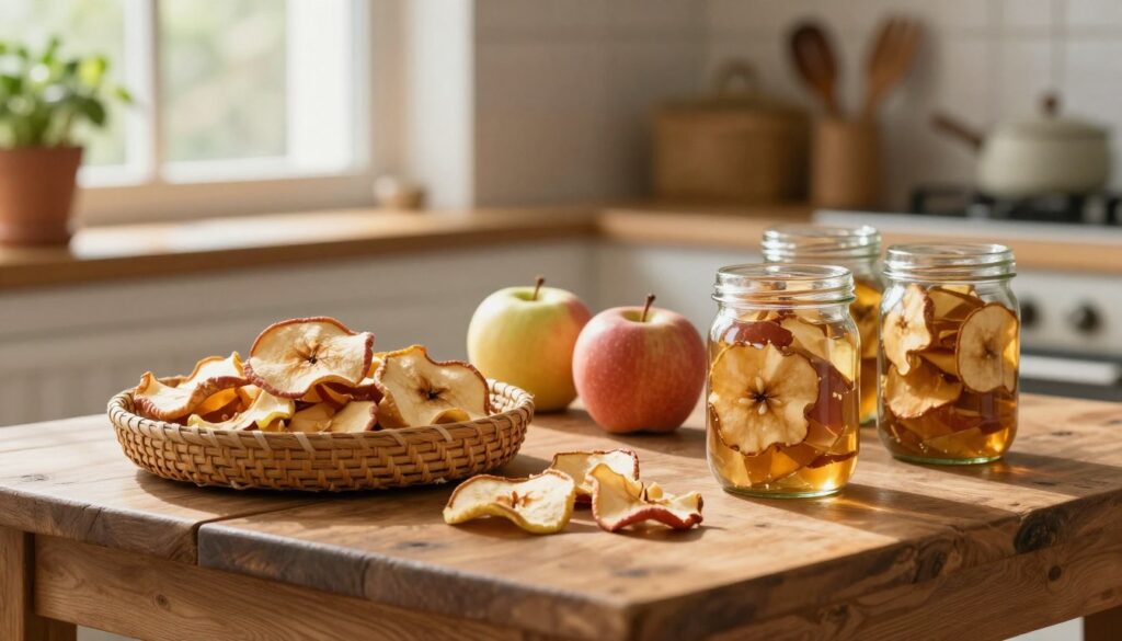 A rustic wooden table in the foreground displays an assortment of dried apple slices neatly arranged in a woven basket. Beside the basket, small glass jars filled with apple slices are tightly sealed, showcasing their rich, golden-brown hues. In the middle, a few whole apples rest, representing the fresh counterparts beside the dried ones, highlighting the transformation. Soft natural light filters through a nearby window, casting gentle shadows and illuminating the scene with a warm, inviting glow. In the background, the blurred outline of a cozy kitchen is visible, with herb pots and wooden utensils enhancing the homey atmosphere. The overall mood conveys warmth, health, and the wholesome appeal of preserving food naturally.