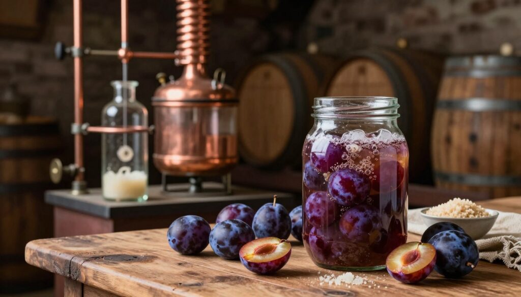 A rustic wooden table in the foreground displays freshly harvested plums, some cut in half to reveal their vibrant purple flesh. A glass jar filled with fermented plums bubbles gently, surrounded by natural ingredients like sugar and yeast. In the middle ground, an old-fashioned distillation setup with copper coils and glass containers, emphasizing the traditional brewing process. The background features a dimly lit cellar lined with wooden barrels, creating a warm and inviting atmosphere. Soft, warm lighting highlights the rich colors of the plums and the copper materials, while a shallow depth of field focuses on the fermentation process, evoking a sense of nostalgia and craftsmanship in creating slivovitz.