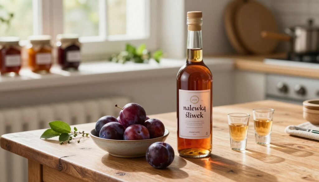 A rustic wooden table is set up in a warmly lit kitchen, showcasing a bottle of homemade plum liqueur, “nalewkę śliwek,” with a deep amber hue. The bottle, elegantly labeled, stands next to a small bowl filled with fresh, ripe plums, displaying their rich purple color and glossy skin. In the background, soft sunlight filters through a window, casting a gentle glow on jars of preserves and sprigs of herbs, enhancing the homey atmosphere. A pair of clean glass shot glasses sits nearby, ready for tasting. The overall mood is inviting and cozy, perfect for illustrating the traditional craftsmanship of plum liqueur preparation, with a focus on the ingredients and the artisanal process. The image is captured from a slightly elevated angle, emphasizing the harmony of the setup.
