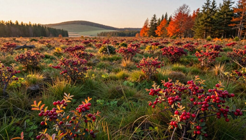 A scenic view of wild cranberry regions in Poland during the autumn season. In the foreground, clusters of ripe cranberries reflect in the soft golden light of the setting sun. The middle ground features lush, green bogs filled with vibrant cranberry plants, surrounded by low-growing marsh grasses. In the background, gentle hills and a serene forest create a natural frame, accentuated by hues of orange and red foliage. The image captures a tranquil yet productive atmosphere, showcasing the beauty of this unique ecosystem. A soft-focus effect enhances the dreamy quality, while a slightly elevated angle offers a panoramic perspective of the cranberry habitat, emphasizing its abundance and natural charm.