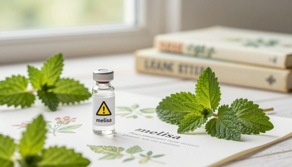 A serene and informative still life composition showcasing potential contraindications of lemon balm (melisa). In the foreground, display a selection of herbs, including lemon balm leaves, placed elegantly beside a small glass vial labeled with cautionary symbols. In the middle, incorporate a calming setting with subtle botanical illustrations on paper, highlighting known contraindications like pregnancy or interactions with medications. The background should be softly blurred, featuring herbal-themed books and natural light filtering through a window, creating a warm and inviting atmosphere. The lighting is soft and natural, evoking tranquility, with a slight emphasis on the herbs and textural details. Use a shallow depth of field to draw the viewer’s focus to the foreground while maintaining an airy, educational feel overall.