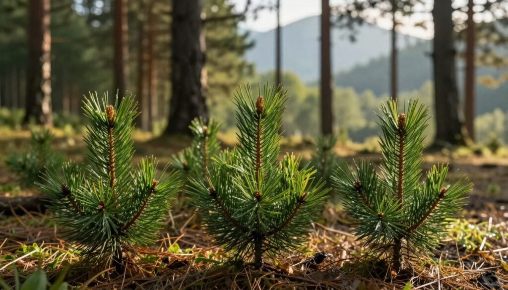 A serene forest scene featuring fresh pine shoots, vividly green and healthy, arranged artistically in the foreground. The middle ground showcases clusters of mature pine trees, their needles casting dappled shadows over the ground, fostering an atmosphere of tranquility. In the background, a soft-focus, misty wilderness hints at distant mountains, adding a sense of depth. The lighting is warm and natural, reminiscent of golden hour, enhancing the rich textures of the pine shoots. A close-up perspective captures the fine details of the needles, their dewy surfaces glistening, inviting a sense of freshness and earthy aroma. The overall mood is rustic and inviting, embodying the essence of nature’s bounty, perfect for illustrating the traditional concept of pine infusion.
