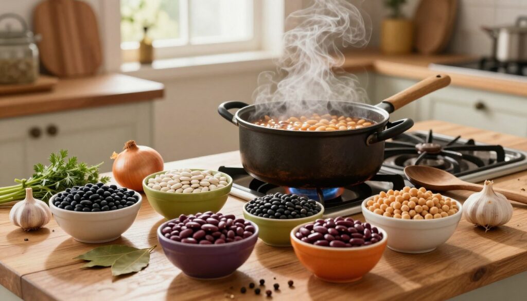 A serene kitchen scene featuring a wooden table surrounded by fresh ingredients for cooking beans. In the foreground, there are vibrant bowls filled with different types of beans, such as black beans, kidney beans, and chickpeas, along with herbs and spices like garlic, onion, and bay leaves. In the middle, a pot of simmering beans is placed on a rustic stove, steam gently rising, and a well-used wooden spoon rests nearby. The background showcases warm, natural light filtering through a window, illuminating the space and creating an inviting atmosphere. The mood is cozy and homely, emphasizing the practicality of cooking beans. The composition captures the essence of culinary guidance, highlighting the beauty of wholesome cooking.