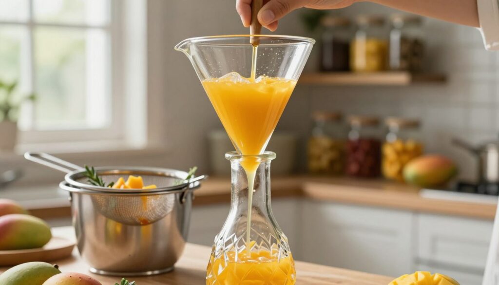 A serene kitchen scene focused on the process of filtering homemade mango liqueur. In the foreground, a glass funnel filled with vibrant mango-infused liquid leading to a crystal-clear glass bottle, hinting at the clarity achieved through careful filtering. The middle ground features a stainless steel strainer with small bits of mango pulp and aromatic herbs, emphasizing the artisanal approach. Subtle reflections from the kitchen window illuminate the scene, creating a warm and inviting atmosphere. The background is softly blurred, revealing shelves lined with jars of fruits and spices, enhancing the tropical inspiration theme. The image should evoke the sense of craftsmanship and precision in making fine liqueurs, with natural lighting and a gentle focus that highlights the colors and textures of the ingredients.