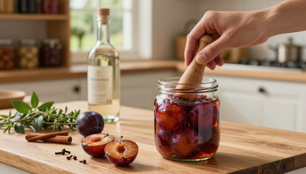 A serene kitchen scene focusing on the process of macerating plums, capturing the intricate steps in detail. In the foreground, a glass jar filled with ripe, halved plums, glistening with juice, sits on a wooden countertop. A hand gently crushes the plums with a wooden pestle. In the middle ground, various herbs and spices, such as cinnamon and cloves, are scattered around, alongside a bottle of clear alcohol, hinting at the infusion process. The background features soft, warm lighting illuminating the rustic kitchen, with shelves lined with preserves and a window revealing a tranquil garden. The overall mood is warm and inviting, reflecting the essence of traditional home brewing.