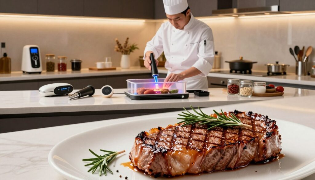 A sleek, modern kitchen countertop featuring various meats being prepared using sophisticated thermal cooking techniques. In the foreground, a perfectly grilled steak with beautiful grill marks, with juices glistening, accompanied by a delicate sprig of rosemary. The middle layer includes a chef monitoring a sous-vide process, wearing professional attire, focused on precision. In the background, an elegant array of culinary tools like an immersion circulator, thermometer, and spices, softly lit by warm, ambient kitchen lighting. The overall atmosphere exudes professionalism and a touch of elegance, emphasizing the art of achieving ideal juiciness in modern meat dishes. The composition is shot from a slightly elevated angle, highlighting the preparation process in a visually appealing manner. A sleek, modern kitchen countertop featuring various meats being prepared using sophisticated thermal cooking techniques. In the foreground, a perfectly grilled steak with beautiful grill marks, with juices glistening, accompanied by a delicate sprig of rosemary. The middle layer includes a chef monitoring a sous-vide process, wearing professional attire, focused on precision. In the background, an elegant array of culinary tools like an immersion circulator, thermometer, and spices, softly lit by warm, ambient kitchen lighting. The overall atmosphere exudes professionalism and a touch of elegance, emphasizing the art of achieving ideal juiciness in modern meat dishes. The composition is shot from a slightly elevated angle, highlighting the preparation process in a visually appealing manner.