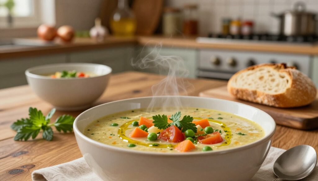A steaming bowl of vibrant, creamy soup in the foreground, garnished with fresh herbs and a drizzle of olive oil. The soup showcases a rich blend of colorful vegetables like carrots, peas, and tomatoes, evoking a sense of comfort and nourishment. In the middle ground, a rustic wooden table set with elegant ceramic bowls, a loaf of freshly baked bread, and a few sprigs of greenery, emphasizing the homey atmosphere. The background features a softly lit kitchen with warm, ambient lighting and fresh ingredients like onions, garlic, and colorful spices subtly displayed on shelves. The mood is inviting and cozy, perfect for illustrating the importance of incorporating soups into daily meals. The scene captures a feeling of warmth and togetherness, ideal for any dining occasion.