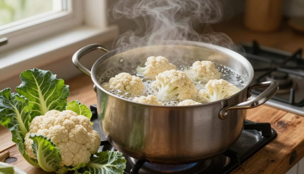 A steaming pot of cauliflowers boiling gently on a rustic wooden stovetop, showcasing the cooking process. In the foreground, vibrant green leaves and a bright white cauliflower are artfully arranged around the pot. The middle ground features the pot filled with cauliflower florets partially submerged in bubbling water, with gentle steam rising in the air. The background is softly blurred, hinting at a cozy kitchen environment with warm, natural lighting filtering through a nearby window. The atmosphere should feel inviting and homely, emphasizing the simplicity of cooking. Capture the scene from a slightly elevated angle to provide a clear view of the boiling process, ensuring a focus on the texture and color of the cauliflower while maintaining a warm, soft focus throughout.