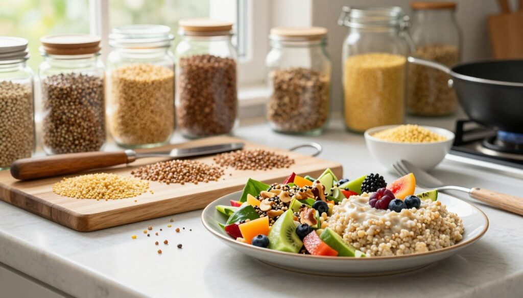 A stylish, well-lit kitchen scene featuring a vibrant array of gluten-free dishes made with different types of cereals, such as quinoa, buckwheat, and millet. In the foreground, a beautifully arranged plate showcases a colorful salad topped with nuts and seeds, with a side of creamy quinoa porridge garnished with fresh fruits. The middle ground includes a cutting board with uncooked grains and cooking utensils, emphasizing the preparation process. In the background, soft natural light streams through a window, illuminating jars of various gluten-free cereals. The atmosphere is warm and inviting, suggesting a healthy, wholesome lifestyle with a gentle blur in the background to focus on the foreground details, shot from a slightly elevated angle to capture the entire scene harmoniously. A stylish, well-lit kitchen scene featuring a vibrant array of gluten-free dishes made with different types of cereals, such as quinoa, buckwheat, and millet. In the foreground, a beautifully arranged plate showcases a colorful salad topped with nuts and seeds, with a side of creamy quinoa porridge garnished with fresh fruits. The middle ground includes a cutting board with uncooked grains and cooking utensils, emphasizing the preparation process. In the background, soft natural light streams through a window, illuminating jars of various gluten-free cereals. The atmosphere is warm and inviting, suggesting a healthy, wholesome lifestyle with a gentle blur in the background to focus on the foreground details, shot from a slightly elevated angle to capture the entire scene harmoniously.