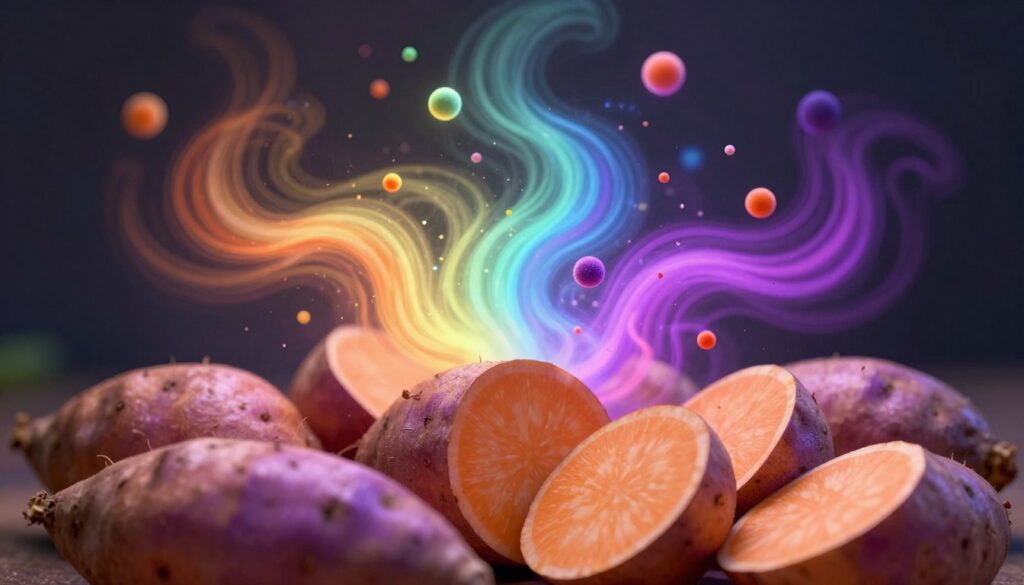 A surreal representation of free radicals as vibrant, swirling particles in various colors, glowing softly against a dark background. In the foreground, depict a close-up of sweet potatoes, their orange and purple hues contrasting sharply with the dynamic particles, symbolizing the antioxidant properties of these vegetables. In the middle ground, show a light gradient illuminating the particles, creating a sense of movement and energy, as if they are actively engaging with the sweet potatoes. Use soft, diffuse lighting to enhance the mood, evoking a sense of health and vitality. The overall atmosphere should be energetic yet harmonious, highlighting the protective role of antioxidants in the body while keeping the focus on the sweet potatoes as a source of these vital compounds.