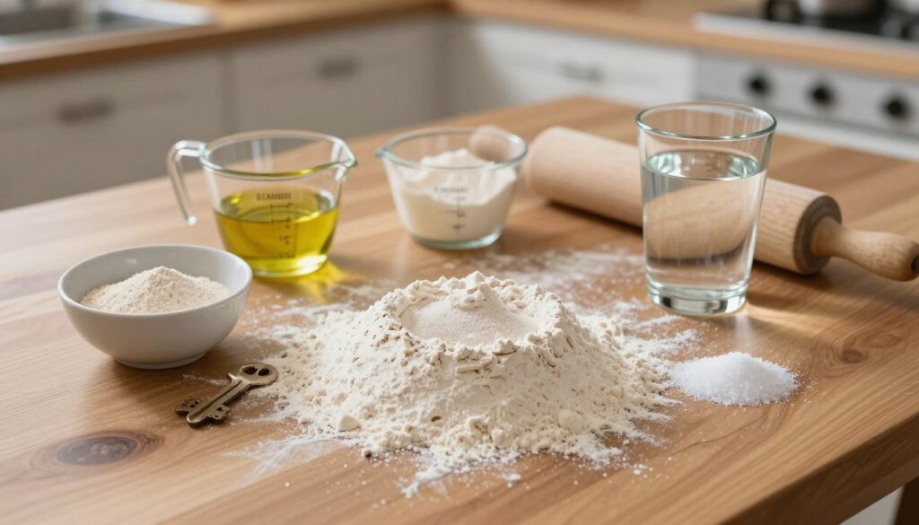 A top-down view of a wooden table displaying the key ingredients for pizza dough. In the foreground, a mound of flour is surrounded by a small bowl of yeast, a glass of warm water, and a sprinkle of salt and sugar. In the middle, there are measuring cups filled with olive oil and the flour itself, along with a rolling pin. In the background, a rustic kitchen setting with soft natural lighting creates a warm and inviting atmosphere. The scene is captured with a shallow depth of field to emphasize the ingredients while softly blurring the kitchen elements. A cozy and homely mood pervades the image, suggesting preparation for a delicious pizza.