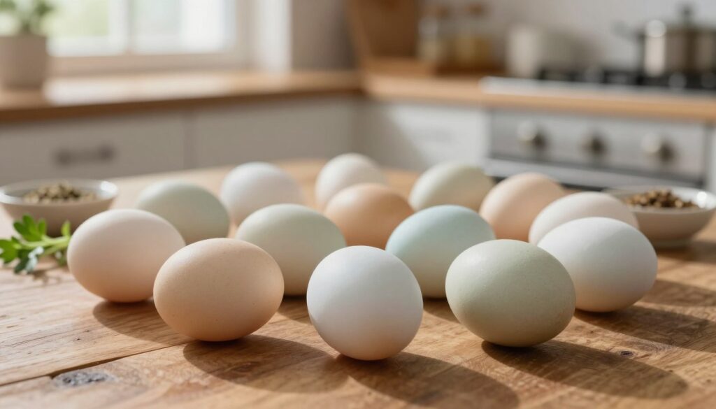 A variety of duck eggs, arranged artistically on a rustic wooden table. In the foreground, showcase the duck eggs in different shades of cream, pale blue, and soft green, emphasizing their unique colors and textures. In the middle, add a subtle hint of contrasting elements such as freshly cut herbs and a small dish of seasoning to suggest culinary use, highlighting the nutritional aspect. The background should blur into a cozy kitchen setting, with warm, inviting lighting streaming through a window, casting soft shadows and creating a homely atmosphere. The scene should evoke a sense of curiosity and warmth, encouraging viewers to consider the unique qualities of duck eggs compared to chicken eggs.