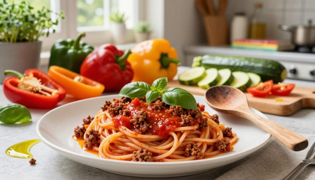 A vibrant Italian-inspired dish featuring ground meat as the star ingredient, expertly cooked and garnished. In the foreground, a heaping serving of spaghetti adorned with a rich, tomato-based sauce, mixed with savory ground meat, and sprinkled with fresh basil leaves. Beside the plate, a rustic wooden spoon rests on an olive oil drizzle, adding a homey touch. The middle space includes an array of colorful, fresh vegetables like bell peppers and zucchini, chopped and ready for cooking. In the background, a softly lit kitchen setting reflects a cozy atmosphere, with herbs in pots and classic Italian cookbooks on a shelf. Natural sunlight filters through a window, highlighting the textures of the dish and creating a warm, inviting mood. Capture the image from a slightly elevated angle for an appealing presentation, ensuring a focus on the dish's vibrant colors and rich textures.
