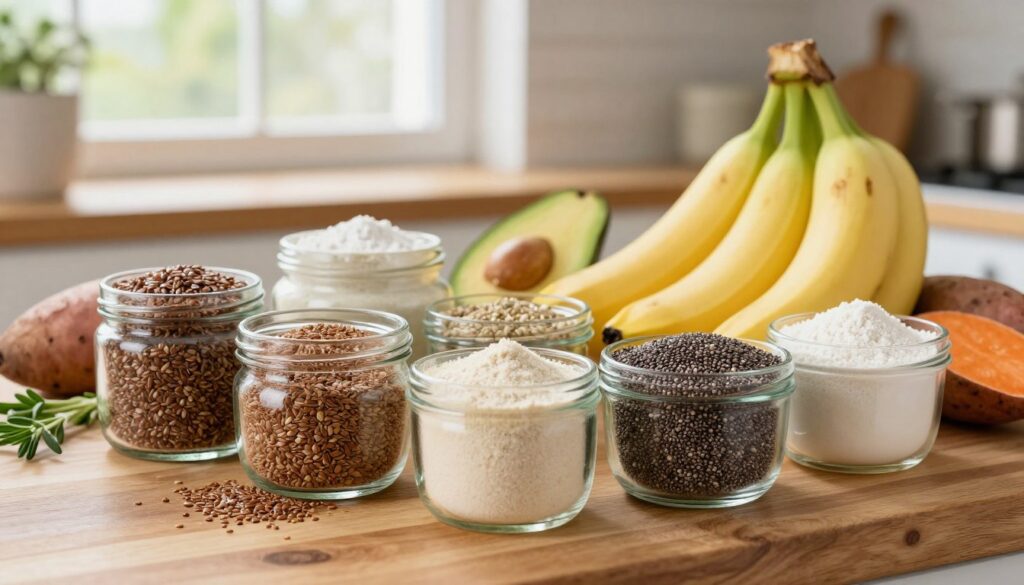 A vibrant, aesthetically pleasing composition of various natural plant-based thickeners, such as ground flaxseed, chia seeds, and arrowroot powder. In the foreground, showcase detailed textures of these ingredients in elegant glass containers, highlighting their colors and forms. The middle ground features an array of fresh ingredients like ripe bananas, sweet potatoes, and avocados, symbolizing their common uses as thickeners. In the background, soft, diffused natural light filters through a rustic kitchen window, creating a warm and inviting atmosphere. The scene is arranged on a wooden countertop with fresh herbs and spices subtly included, suggesting their importance in natural cooking. The overall mood is wholesome, emphasizing a healthy and organic approach to food preparation.