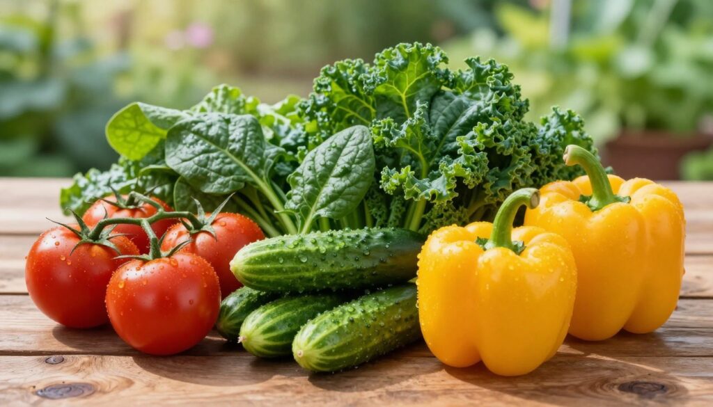 A vibrant and colorful assortment of fresh vegetables arranged artistically on a rustic wooden table. In the foreground, there are bright red tomatoes, crisp green cucumbers, and vibrant yellow bell peppers, each with dewdrops glistening under soft morning light. In the middle, a hearty selection of leafy greens like spinach and kale creates a lush backdrop. The background features blurred garden scenery, suggesting an abundance of fresh produce. The lighting is warm and inviting, casting gentle shadows that enhance the vegetables' textures. Capture the freshness and health benefits associated with a plant-rich diet, evoking an atmosphere of nourishment and vitality. The composition should encourage viewers to visualize daily vegetable consumption for optimal health.