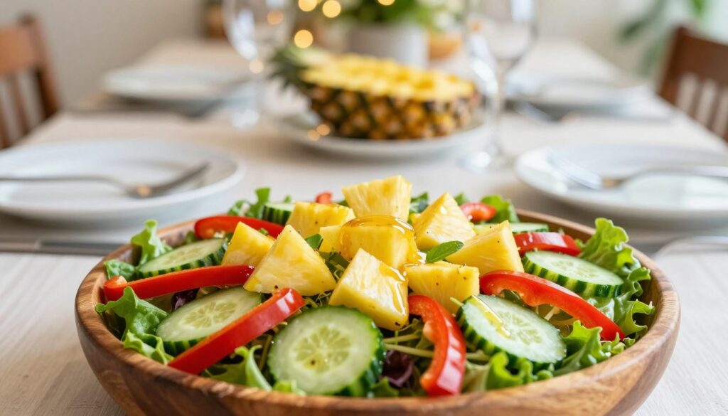 A vibrant and colorful salad featuring fresh pineapple pieces surrounded by a lush mix of greens, red bell peppers, and sliced cucumbers, arranged beautifully in a wooden bowl. The foreground showcases the salad, glistening with a light drizzle of honey-lime dressing. In the middle ground, several served plates are elegantly arranged with forks beside them, hinting at an inviting gathering. The background features a softly blurred table setting with subtle decorations, enhancing a festive atmosphere, and hints of twinkling fairy lights. The scene is illuminated by warm, natural light, creating a cheerful and inviting mood perfect for a celebration. Capture the essence of a delicious, sweet-and-salty dish that is a hit at any party, showcasing freshness and vibrant colors that appeal to the senses.