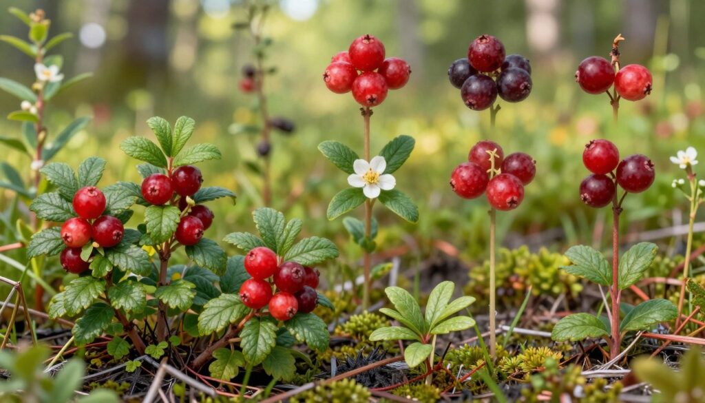 A vibrant and detailed botanical illustration showcasing the various species of cranberries found in Poland. In the foreground, feature fresh cranberry plants with ripe, red berries and green foliage, capturing the intricate details of the leaves and flowers. In the middle ground, arrange several species of cranberries, each with distinct characteristics, showcasing their differences in size and shape. The background should depict a lush, natural habitat representing the marshy and acidic soil conditions ideal for cranberry growth, with soft, dappled sunlight filtering through the trees. Use bright, natural lighting to create an inviting atmosphere, focusing on a realistic, scientific representation that emphasizes the plants' importance to their ecosystem.