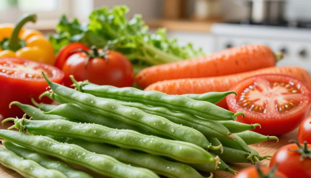 A vibrant and detailed composition showcasing green beans, surrounded by an array of colorful vegetables and fruits. In the foreground, a close-up of fresh green beans glistening with moisture, emphasizing their crisp texture. The middle layer features sliced tomatoes, carrots, and bell peppers, artistically arranged to complement the green beans, while snippets of leafy greens add depth. The background reveals a softly blurred kitchen setting bathed in warm, natural light that enhances the fresh, healthy atmosphere. The angle is slightly overhead, providing a panoramic view of this nutritious scene, inviting viewers to explore the wealth of vitamins and nutrients in these foods. The mood is cheerful and inviting, perfect for illustrating the richness of dietary health.