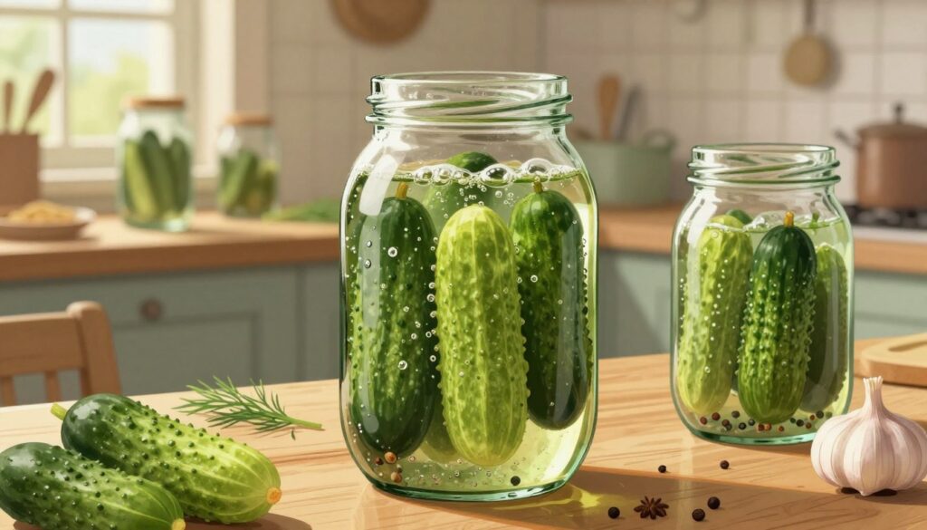 A vibrant and detailed illustration of the fermentation process of pickles, showcasing fresh cucumbers submerged in a brine solution with visible bubbles, indicative of active fermentation. In the foreground, include a glass jar filled with cucumbers and spices, like dill and garlic, with droplets of water on the outside, emphasizing freshness. The middle ground features a wooden table with additional jars and ingredients, creating a warm, inviting kitchen atmosphere. The background should have soft, diffused natural light coming from a nearby window, casting gentle shadows, and a charming, rustic kitchen setting. The overall mood is serene and homely, encapsulating the essence of traditional pickle making.