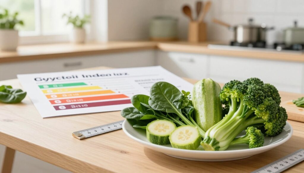 A vibrant and educational scene illustrating the concept of the glycemic index in a ketogenic diet. In the foreground, showcase a variety of low-glycemic vegetables like spinach, broccoli, and zucchini artistically arranged on a clean white plate, with some being measured with a ruler. The middle layer features a soft-focus chart displaying the glycemic index scale on a light wooden table, subtly emphasizing the connection to keto-friendly foods. In the background, there’s a well-lit kitchen setting with natural sunlight streaming through a window, highlighting fresh herbs and cooking utensils, creating an inviting and informative atmosphere. The mood is bright and enlightening, encouraging healthy eating choices for optimal ketosis. The angle is slightly tilted, providing a dynamic perspective.