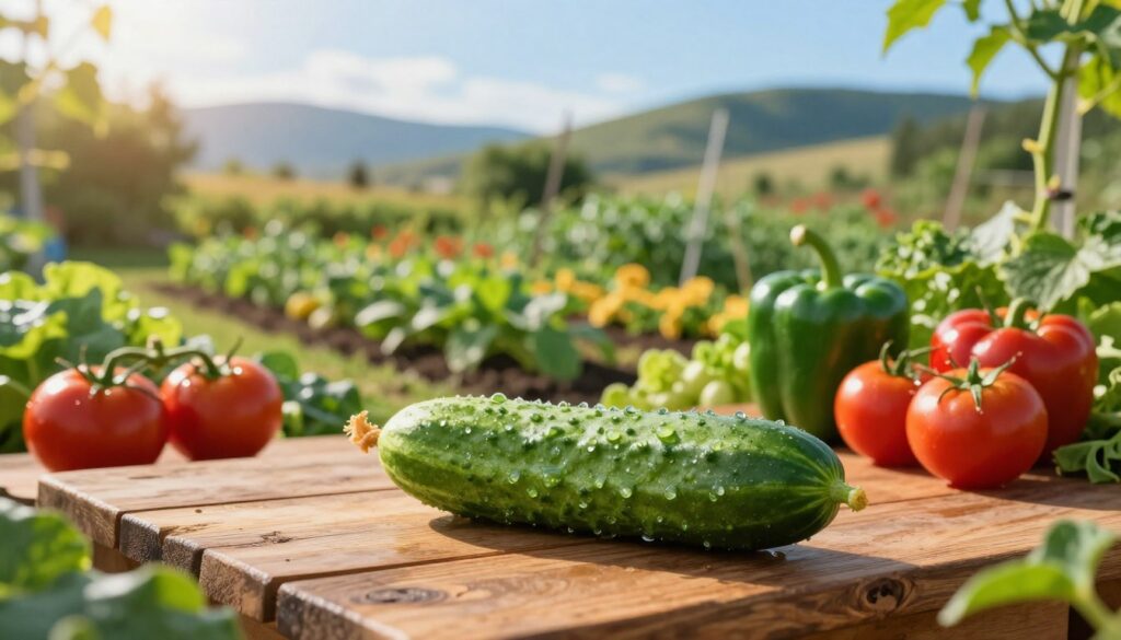 A vibrant and engaging image showcasing a cucumber in a lush garden setting, symbolizing the discussion of whether it's a fruit or a vegetable. In the foreground, a fresh, whole cucumber rests on a rustic wooden table, adorned with dewdrops. Surrounding it, ripe tomatoes, vibrant bell peppers, and leafy greens provide a colorful contrast. In the middle ground, a well-tended garden with rows of vegetables and herbs bathed in soft, warm sunlight creates a nurturing atmosphere. The background features a blurred landscape of rolling hills and a clear blue sky, suggesting a serene outdoor environment. The scene is illuminated by golden hour lighting, enhancing the colors and textures, with a focus on a warm, inviting mood that draws the viewer in.