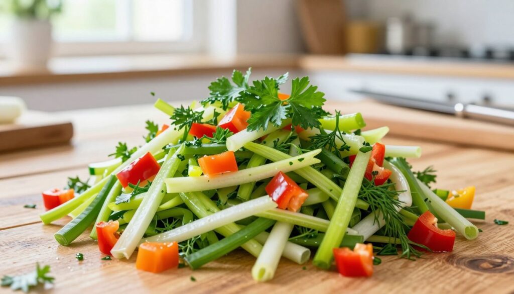 A vibrant and fresh arrangement of "surówka pora" prominently featured in the foreground. The dish showcases finely shredded leeks, mixed with colorful diced bell peppers, and garnished with fresh herbs like parsley and dill. The vegetables are crisp and glistening, highlighting their freshness. In the middle ground, a rustic wooden table adds a warm touch, while a cutting board and knife hint at the preparation process. The background is softly blurred, featuring a bright kitchen setting with natural light streaming through a window, creating an inviting atmosphere. The image captures the essence of a healthy, crisp salad, focusing on the texture and colors of the ingredients, with a slight emphasis on freshness and quality.