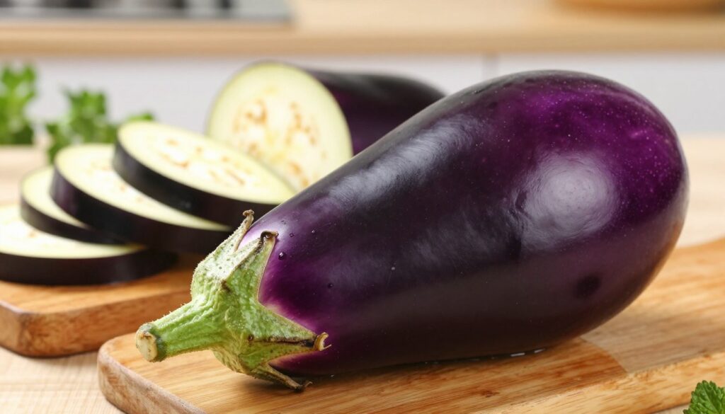 A vibrant and fresh eggplant displayed prominently in the foreground, showcasing its glossy, deep purple skin and slightly curved shape. The texture of the eggplant glistens under soft, natural lighting, emphasizing its rich color and smooth surface. In the middle ground, include a rustic wooden cutting board with a few sliced pieces of the eggplant, revealing its pale interior and seeds, demonstrating its unappetizing raw state. In the background, a blurred hint of a kitchen setting, with light tones and subtle green herbs, evokes a warm, inviting atmosphere. The composition focuses on the eggplant, capturing its essence while subtly highlighting the idea that it is not suitable for raw consumption. The angle should be slightly elevated, creating depth and drawing attention to the eggplant's form and coloration.