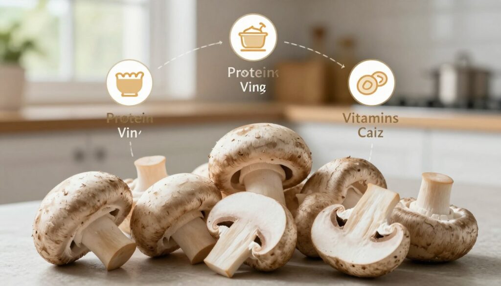 A vibrant and informative composition showcasing the nutritional values of mushrooms, focusing on button mushrooms. In the foreground, arrange a variety of fresh button mushrooms, highlighting their textures and natural colors, with some cut in half to reveal the inside. The middle ground features a detailed infographic-style layout integrating icons representing key nutrients such as protein, vitamins, and minerals, elegantly placed around the mushrooms. In the background, create a soft-focus kitchen setting with natural light filtering through a window, casting gentle shadows, to evoke a warm and inviting atmosphere. Use a shallow depth of field to draw attention to the mushrooms and the nutrient information, creating an engaging and educational visual.