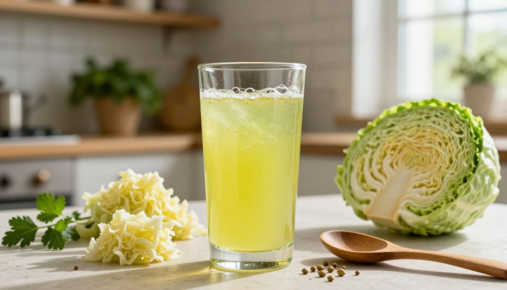 A vibrant and inviting composition showcasing a clear glass of sauerkraut juice placed prominently in the foreground. The juice is a bright, cloudy yellow-green color, with bubbles reflecting light, suggesting freshness and vitality. Surrounding the glass are fresh chunks of fermented cabbage, illustrating the key ingredient, along with scattered coriander seeds and a wooden spoon, emphasizing natural elements and healthiness. In the middle background, a softly blurred kitchen setting, adorned with herbs and rustic wooden shelves, evokes a homely atmosphere. Natural, warm lighting pours in from a nearby window, casting gentle shadows. The overall mood is fresh, wholesome, and focused on health benefits, inviting the viewer to appreciate the nutritious qualities of sauerkraut juice without any text or distractions.