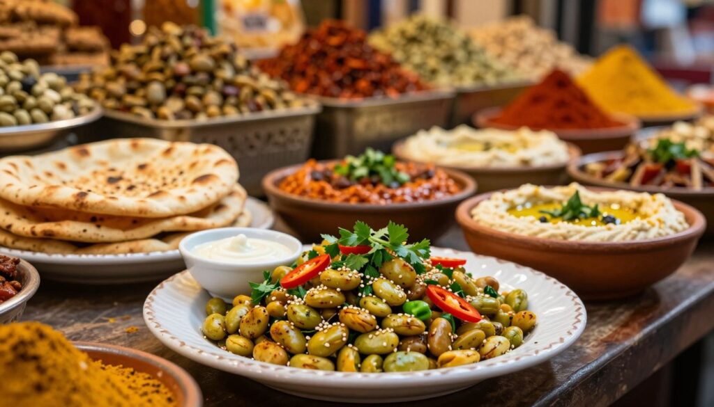 A vibrant and inviting display of oriental-inspired dishes featuring broad beans. In the foreground, a beautifully arranged plate of warm, spiced broad bean salad, garnished with fresh herbs and vibrant red chili slices, alongside sesame and tahini sauces. The middle ground showcases traditional Middle Eastern flatbreads and a colorful array of dips, including hummus and baba ganoush, served in rustic bowls. The background features an atmospheric market scene with soft, warm lighting, enhancing the rich colors of spices and ingredients on display. The overall mood is inviting and exotic, evoking the essence of a lively bazaar. The scene should be captured with a shallow depth of field, focusing clearly on the dishes while gently blurring the market ambiance behind.