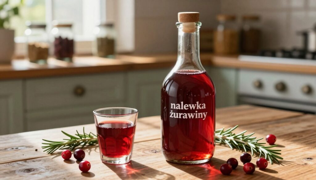 A vibrant and inviting image of homemade cranberry liqueur, or "nalewka żurawiny," set beautifully on a rustic wooden table. In the foreground, a clear glass bottle filled with rich, ruby-red liqueur glimmers in the light. Surrounding it are fresh cranberries, sprigs of rosemary, and a small glass filled with the liqueur, catching the warm sunlight filtering through a nearby window. In the middle background, a vintage kitchen with wooden cabinets and glass jars filled with spices adds character, while soft, natural light creates a warm and cozy atmosphere. Capture a close-up perspective to emphasize the liqueur's rich color and texture, evoking a sense of nostalgia and the joy of homemade creations.