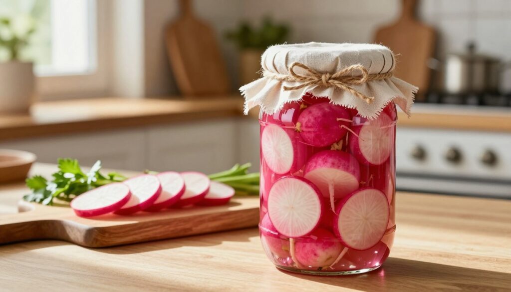 A vibrant and inviting kitchen scene showcasing a jar of homemade pickled radishes (kiszone rzodkiewki) prominently displayed in the foreground. The jar, filled with bright pink and white radishes, is adorned with a rustic cloth lid tied with twine, capturing the essence of homemade preservation. In the middle ground, a wooden cutting board features sliced radishes alongside fresh herbs, hinting at their use as a crunchy, flavorful addition to meals. The background reveals a softly lit kitchen with vintage utensils and warm wood accents, creating a cozy atmosphere. Natural sunlight filters through a nearby window, casting gentle shadows and enhancing the colors of the pickled radishes. The overall mood is warm and inviting, emphasizing the simplicity and charm of homemade preserves.