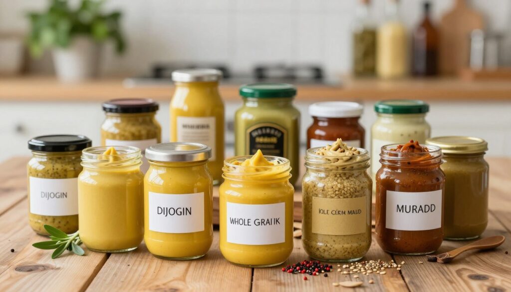 A vibrant and visually appealing arrangement of various types of mustard from around the world, showcasing a selection of jars and containers filled with mustard in diverse colors and textures. In the foreground, include popular varieties such as yellow mustard, Dijon mustard, whole grain mustard, and spicy brown mustard, each with distinctive labels and garnished with ingredients like spices, herbs, and seeds. The middle ground should feature a rustic wooden table, enhancing the gourmet feel. In the background, a soft-focus kitchen scene with blurred herbs and condiments, suggesting a warm and inviting atmosphere. Soft, natural lighting creates an inviting mood, capturing the textures and colors of the mustards, reminiscent of a lively culinary environment. A vibrant and visually appealing arrangement of various types of mustard from around the world, showcasing a selection of jars and containers filled with mustard in diverse colors and textures. In the foreground, include popular varieties such as yellow mustard, Dijon mustard, whole grain mustard, and spicy brown mustard, each with distinctive labels and garnished with ingredients like spices, herbs, and seeds. The middle ground should feature a rustic wooden table, enhancing the gourmet feel. In the background, a soft-focus kitchen scene with blurred herbs and condiments, suggesting a warm and inviting atmosphere. Soft, natural lighting creates an inviting mood, capturing the textures and colors of the mustards, reminiscent of a lively culinary environment.