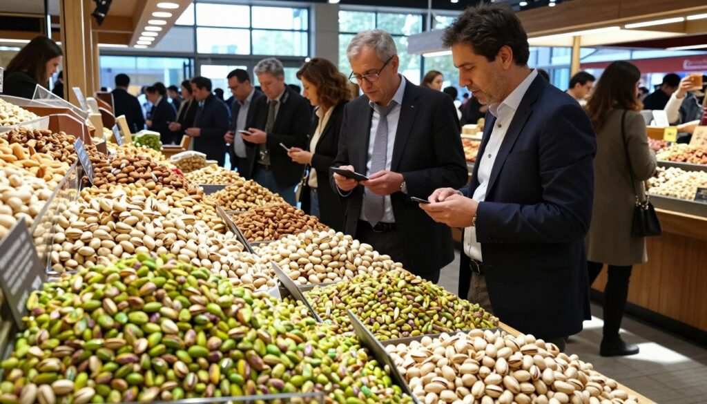 A vibrant and visually striking market scene showcasing an increase in demand for nuts, particularly pistachios. In the foreground, a beautifully arranged display of fresh, green pistachios in their shells, glistening under bright overhead lights. The middle ground features shoppers, dressed in professional business attire, examining the nuts with interest, discussing prices, and comparing quality. In the background, market stalls filled with assorted nuts — almonds, walnuts, and cashews — create a bustling atmosphere. The setting is lively, illuminated by natural daylight streaming in from large windows, casting soft shadows on the wooden tables. Capture the essence of growth and modern trends in the nut market, conveying a sense of excitement and sophistication.