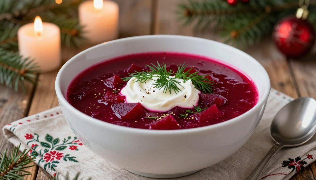 A vibrant bowl of authentic Polish barszcz czerwony, a rich ruby-red beet soup, garnished with a dollop of fluffy sour cream swirling delicately on top. Freshly chopped dill and a sprinkle of black pepper add a touch of color, enhancing its visual appeal. The soup is served in an elegant, white ceramic bowl, placed on a rustic wooden table adorned with a festive tablecloth. In the background, softly lit candles flicker, casting warm, inviting light, and traditional Christmas decorations like pine branches and ornaments subtly enhance the setting. The atmosphere is cozy and enchanting, evoking the festive spirit of a holiday gathering, captured with a close-up angle to emphasize the texture and colors.