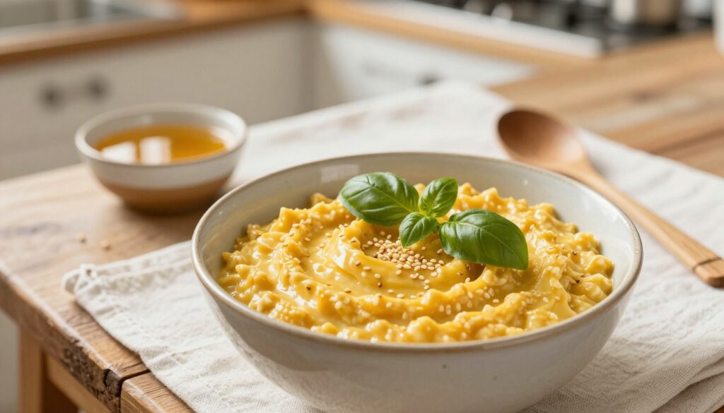 A vibrant bowl of creamy golden oatmeal infused with turmeric sits in the foreground, garnished with fresh basil leaves adding a touch of green. The oatmeal's texture is smooth and appealing, and a sprinkle of sesame seeds adds visual interest. In the middle ground, a rustic wooden table contrasts with a soft, white tablecloth, enhancing the warm tones of the dish. A small ceramic bowl of honey and a spoon made of bamboo rest nearby, suggesting a hint of sweetness. The background features a softly blurred kitchen setting, with warm, natural lighting casting a cozy glow over the scene. The mood is inviting and peaceful, perfect for a nourishing breakfast. The perspective is slightly elevated, capturing the dish from above to emphasize its appealing colors and textures.