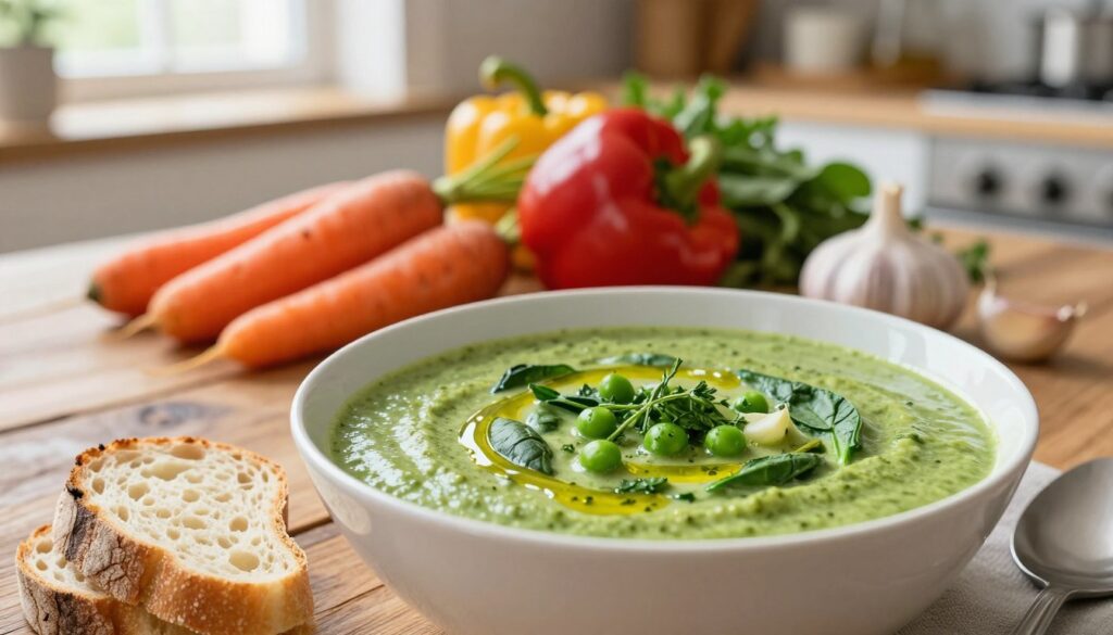 A vibrant bowl of creamy vegetable soup, elegantly presented on a rustic wooden table. In the foreground, the soup is thick and velvety, colored with shades of green from blended spinach, peas, and zucchini, garnished with a sprinkle of fresh herbs and a drizzle of olive oil. Beside the bowl, a slice of crusty artisan bread adds warmth to the scene. In the middle ground, an array of colorful vegetables—carrots, bell peppers, and garlic—are artfully arranged, inviting a sense of abundance. The background features a softly blurred kitchen setting with warm, natural lighting streaming through a window, creating a cozy and inviting atmosphere. The overall mood is wholesome and comforting, perfect for an everyday meal that feels special.