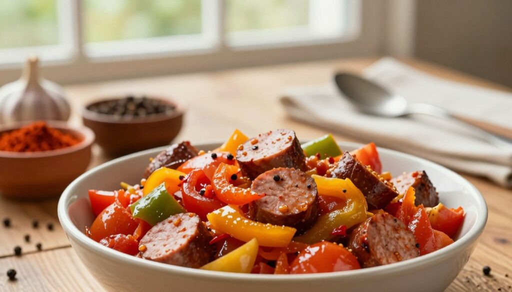 A vibrant bowl of leczo, a traditional Hungarian dish, fills the foreground, showcasing its rich colors and textures. The leczo is heaped with glistening chunks of bell peppers, juicy tomatoes, and tender pieces of sausage, all simmered to perfection. Surrounding the bowl are various spices such as paprika, black pepper, and garlic, each in small bowls, emphasizing the importance of seasoning for depth of flavor. The middle ground features a beautifully set wooden table, adorned with rustic utensils. In the background, soft natural light streams through a window, creating a warm, inviting atmosphere. The overall mood is cozy and appetizing, inviting viewers to explore the flavors of the dish. Use a shallow depth of field to focus on the leczo, giving it prominence and enhancing its appetizing appeal.