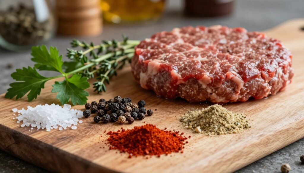 A vibrant, close-up composition featuring an array of spices and seasonings ideal for burger preparation. In the foreground, display a wooden cutting board arrangement with coarse sea salt, cracked black pepper, smoked paprika, garlic powder, and onion powder, accentuated by fresh herbs like parsley and thyme. The middle ground includes a high-quality raw beef patty resting on a textured, rustic surface, invoking a mouthwatering allure. In the background, a blurred kitchen setting with warm, inviting lighting creates a cozy cooking atmosphere. The scene should showcase rich, earthy tones to evoke a sense of depth and flavor, inviting the viewer to imagine the savory profile of the seasoned meat for juicy, flavorful burgers.