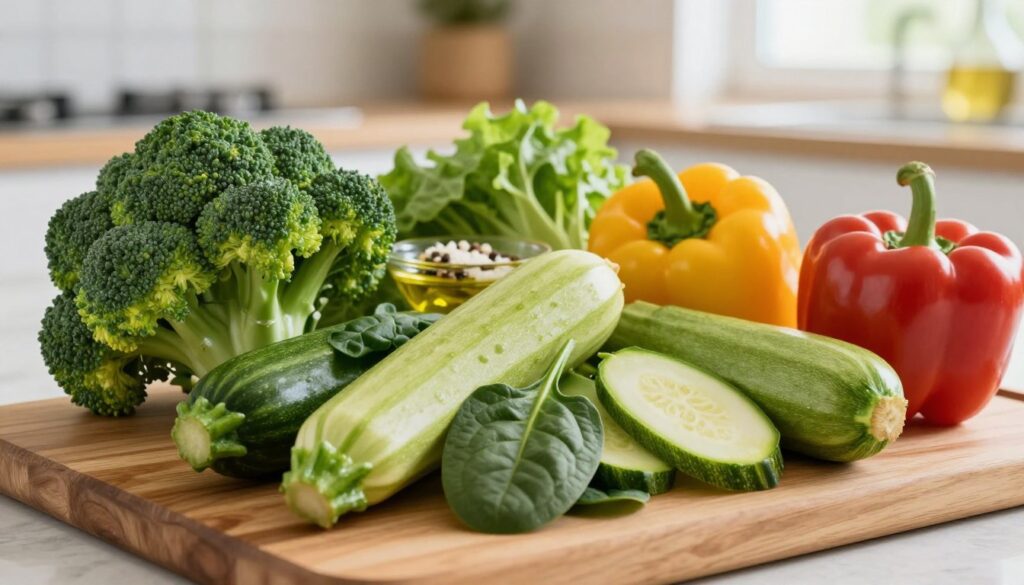 A vibrant, close-up composition of a variety of low-carb vegetables, showcasing fresh broccoli, zucchini, spinach, and bell peppers arranged artfully on a natural wood cutting board. The foreground captures the textures and colors of the vegetables in sharp detail, emphasizing their freshness. In the middle ground, a small bowl of olive oil and spices adds a culinary touch, while the background features a softly blurred kitchen setting, with a hint of natural light streaming through a window, creating an inviting atmosphere. The overall mood is bright and healthy, emphasizing the nutritious benefits of these low-carb options, ideal for a keto diet. The image should be warm-toned, highlighting the vibrant greens and earthy colors of the vegetables without any text or distractions.