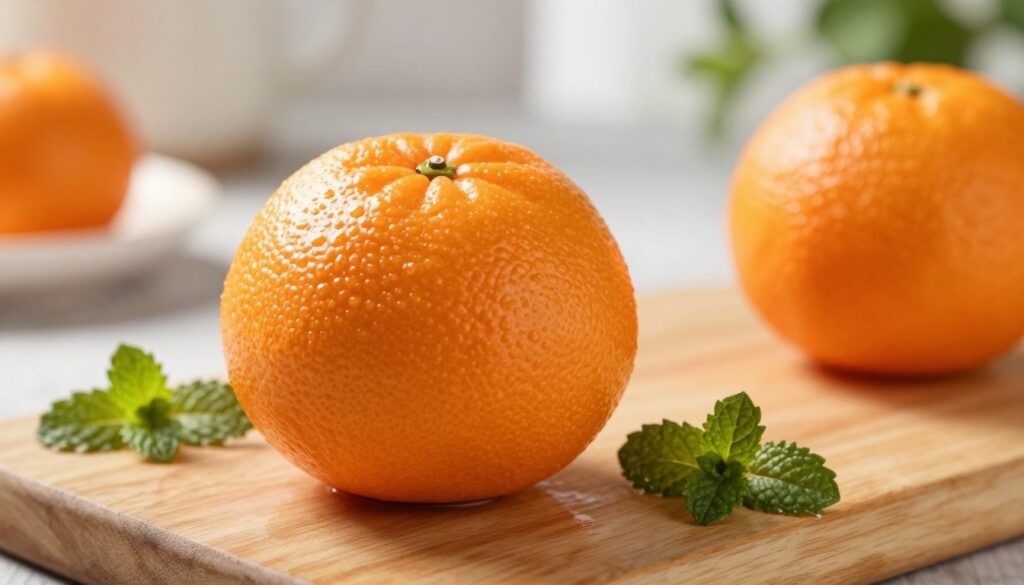 A vibrant, close-up image of a fresh mandarin orange, showcasing its dimpled skin and rich, glossy orange color. The mandarin is placed on a rustic wooden cutting board, with a few scattered mint leaves around it to suggest its culinary uses. In the background, a soft-focused kitchen setting evokes a warm, inviting atmosphere, with natural light filtering through a window, creating subtle shadows that enhance the texture of the mandarin. Capture the essence of freshness and healthiness, with a narrow depth of field to emphasize the mandarin in the foreground. Aim for a warm, cheerful mood, highlighting the fruit as both a delicious snack and a natural ingredient in cooking and skincare. A vibrant, close-up image of a fresh mandarin orange, showcasing its dimpled skin and rich, glossy orange color. The mandarin is placed on a rustic wooden cutting board, with a few scattered mint leaves around it to suggest its culinary uses. In the background, a soft-focused kitchen setting evokes a warm, inviting atmosphere, with natural light filtering through a window, creating subtle shadows that enhance the texture of the mandarin. Capture the essence of freshness and healthiness, with a narrow depth of field to emphasize the mandarin in the foreground. Aim for a warm, cheerful mood, highlighting the fruit as both a delicious snack and a natural ingredient in cooking and skincare.