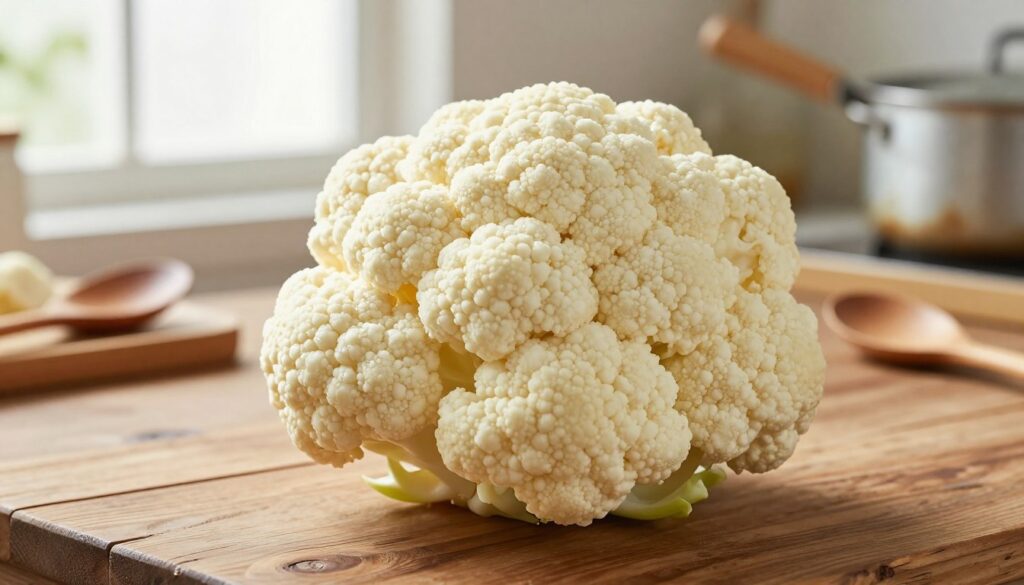 A vibrant, close-up image of a perfectly cooked, white cauliflower head resting on a rustic wooden table. The cauliflower displays its fresh, snow-white color and intricate, crisp florets, glistening slightly as if freshly steamed. In the background, soft, natural lighting filters through a nearby window, creating a warm and inviting atmosphere. The table features a few kitchen utensils, like a wooden spoon and a vintage pot, subtly hinting at the cooking process. The depth of field is shallow, focusing clearly on the cauliflower while gently blurring the background to emphasize the subject. This serene kitchen setting conveys a sense of culinary care and attention, ideal for showcasing the beauty of well-prepared, white cauliflower.