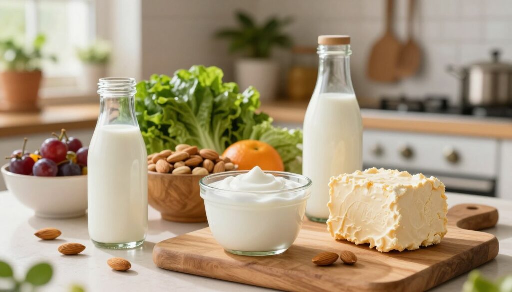 A vibrant, colorful kitchen scene showcasing a variety of plant-based alternatives to dairy. In the foreground, display a wooden cutting board with fresh almond milk, creamy coconut yogurt, and thick cashew cheese, all presented in elegant glass containers. In the middle, arrange a bowl of fresh fruits and nuts, with a backdrop of leafy greens. The background should depict a sunlit kitchen with hanging plants and cooking utensils, conveying a warm, inviting atmosphere. Soft, natural lighting should illuminate the scene, creating a cozy yet vibrant mood. The angle could be slightly from above, capturing the full display of these delicious, dairy-free options that inspire a healthy lifestyle.